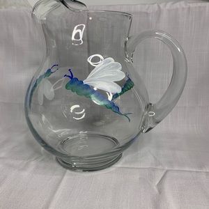 Glass Pitcher w/Ice Lip & Hand Painted DragonFlies